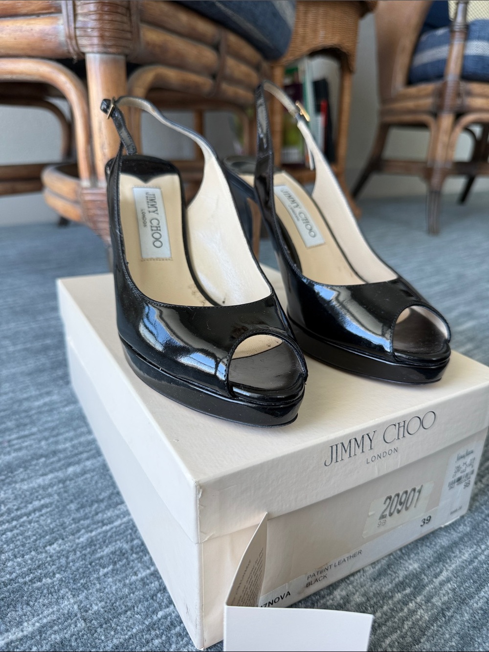 Jimmy Choo Black Patent Leather Peep-Toe Slingbacks